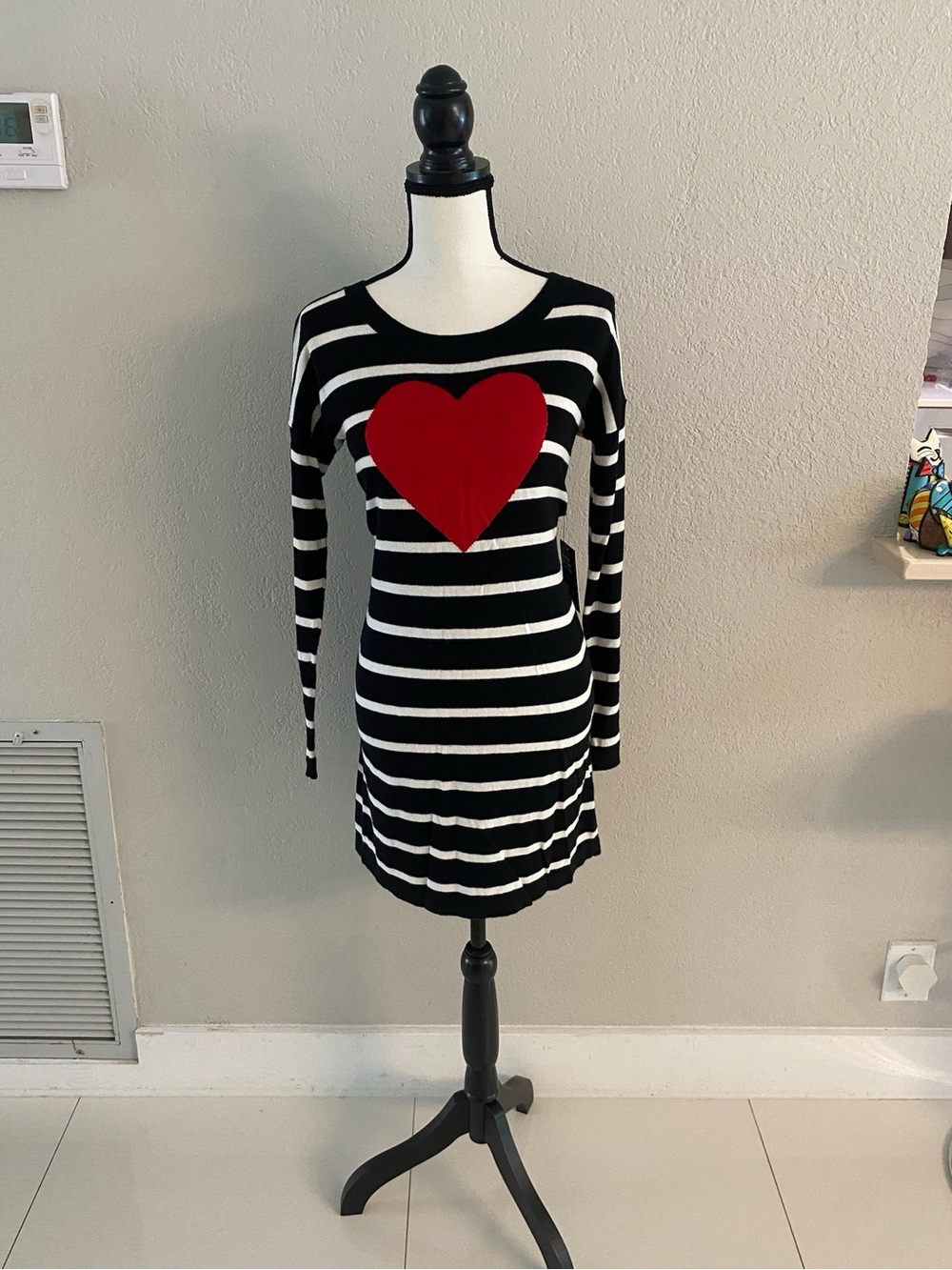 Express Black & White Striped Long-Sleeve Knit Dress with Red Heart